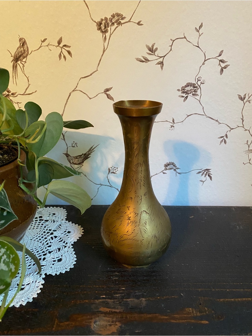 Brass Decorative Etched Vase - Golden Bronze Finish